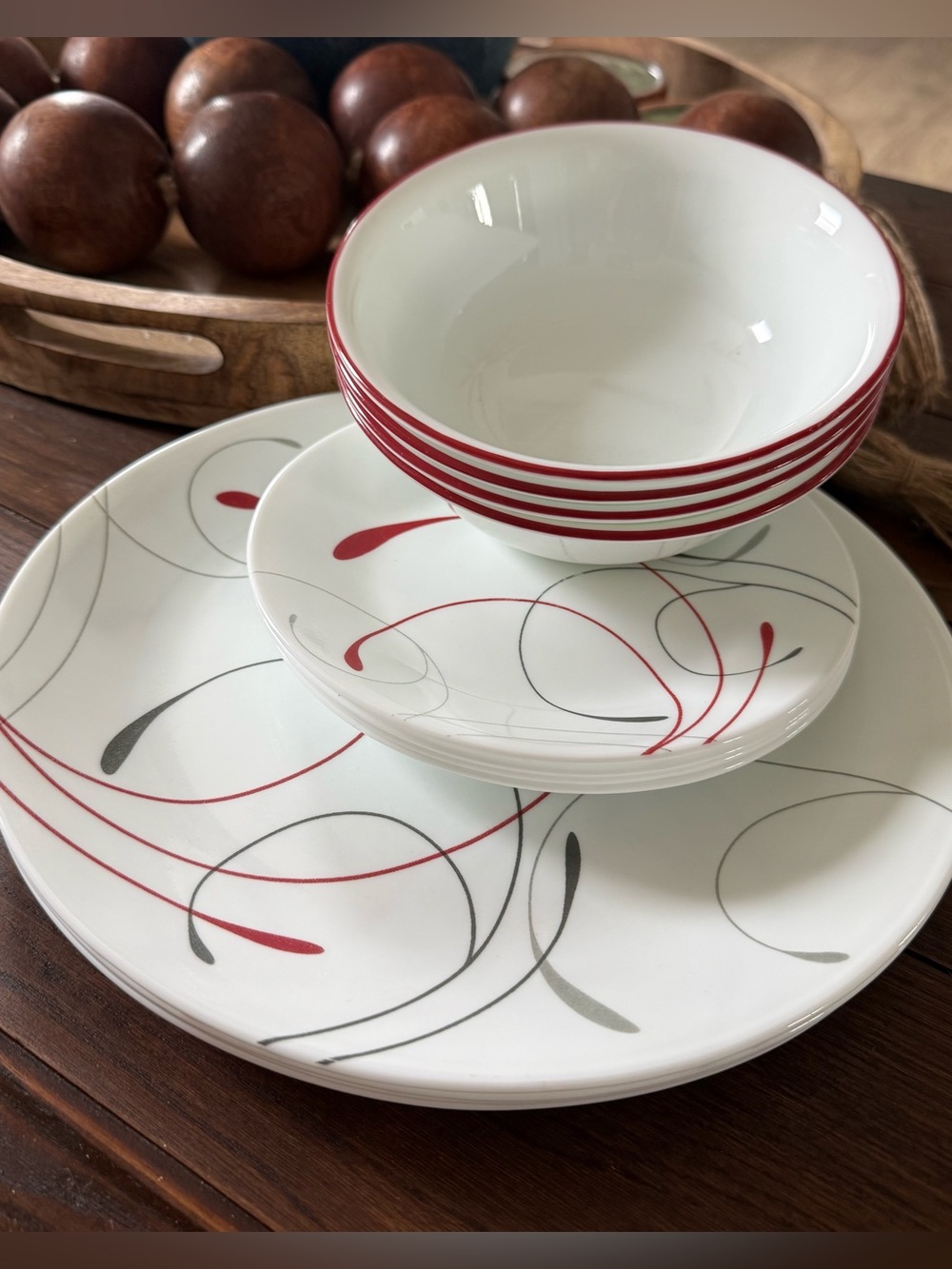 12pc. Corelle SPLENDOR Dinner Bread Plates Cereal Bowls Red Gray Swirl